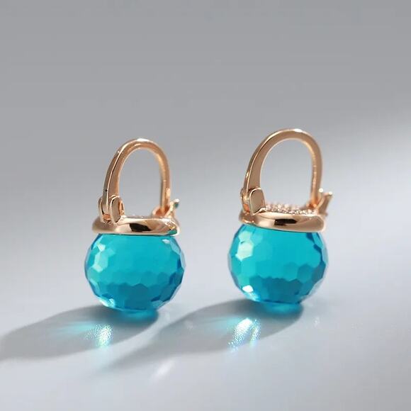 Spherical Faceted Crystal London Blue Topaz Rose Gold Tone Huggy Earrings - Picture 2 of 5